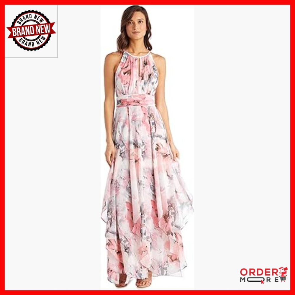 Sleeveless Halter Maxi Dress With Hankie Hem, Flowy Chiffon Formal Wear